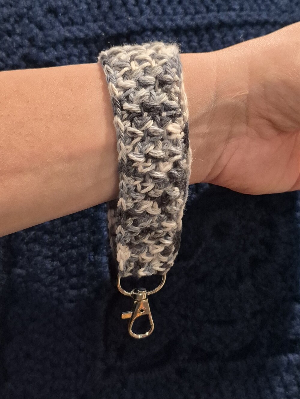 Handmade Gray and Blue Crochet Wrist Key Lanyard